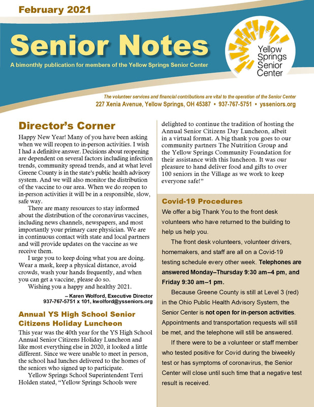 Link goes to a PDF file of the 2021 February Yellow Springs Senior Center newsletter. 