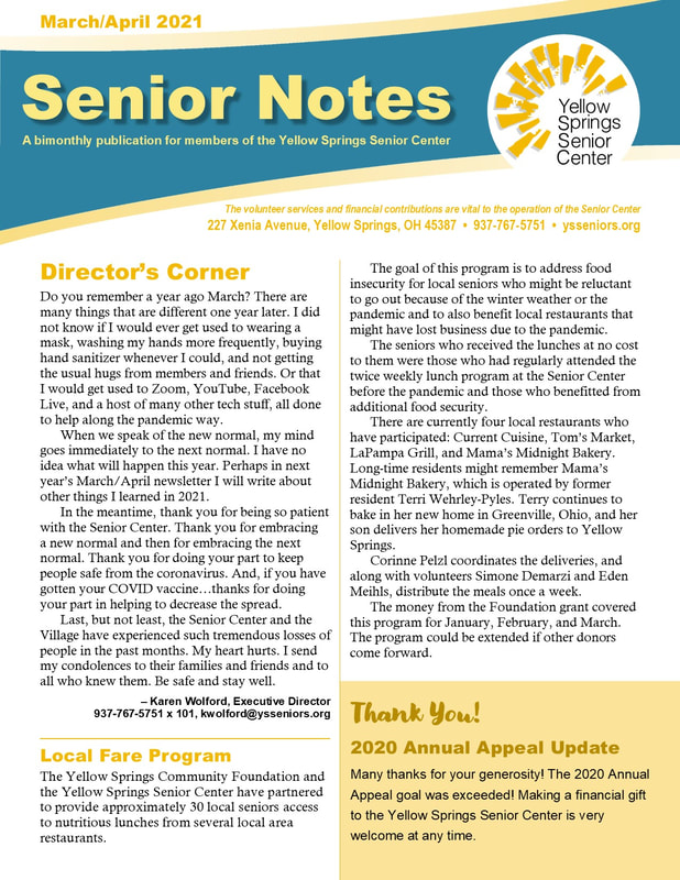 Link goes to a PDF file of the 2021 March/April Yellow Springs Senior Center newsletter. 