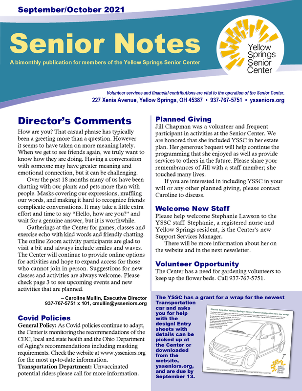 Link goes to a PDF file of the 2021 September/October Yellow Springs Senior Center newsletter. 