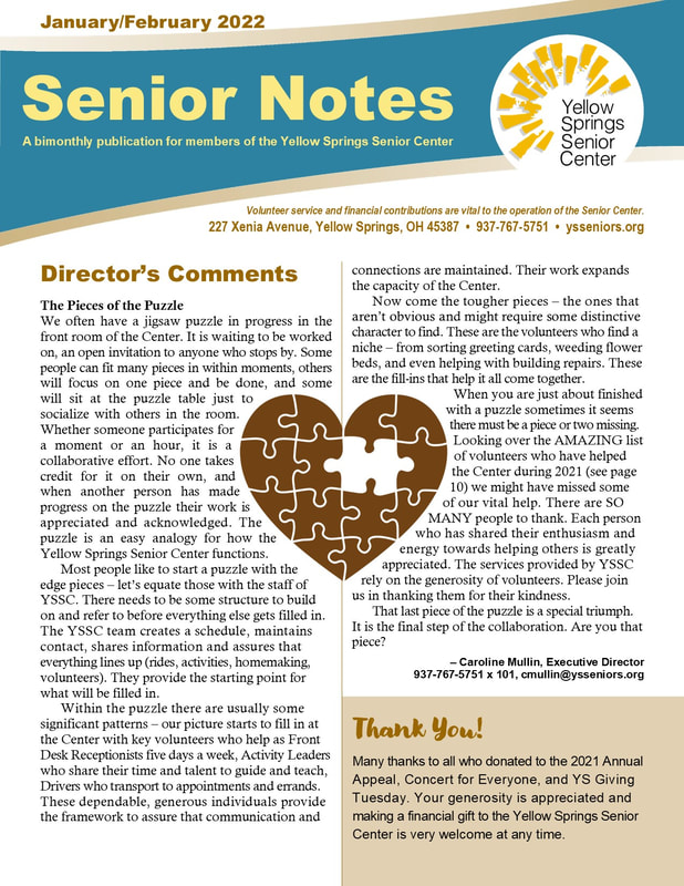 Link goes to a PDF file of the 2022 January/February Yellow Springs Senior Center newsletter. 