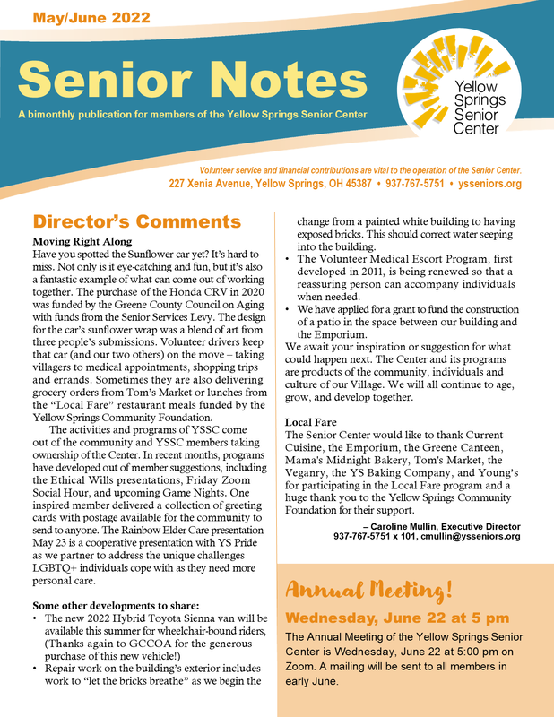 Link goes to a PDF file of the 2022 May/June Yellow Springs Senior Center newsletter. 