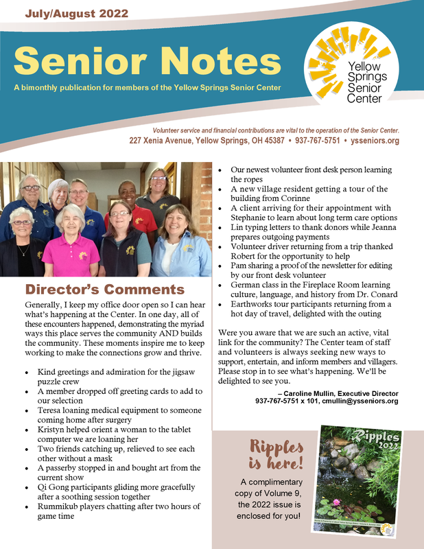 Link goes to a PDF file of the 2022 July/August Yellow Springs Senior Center newsletter. 