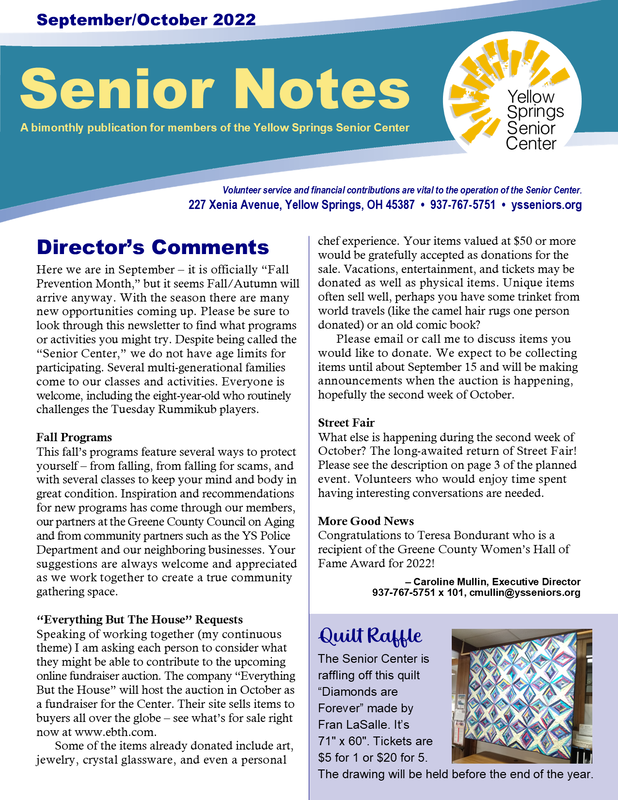 Link goes to a PDF file of the 2022 September/October Yellow Springs Senior Center newsletter. 