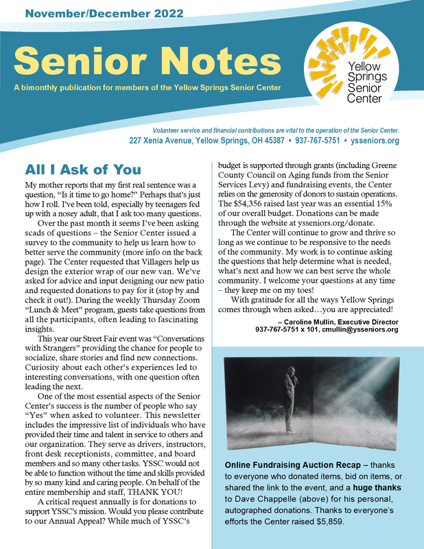 Link goes to a PDF file of the 2022 November/December  Yellow Springs Senior Center newsletter. 
