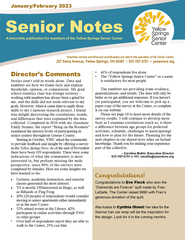 Link goes to a PDF file of the 2023 January/February  Yellow Springs Senior Center newsletter. 
