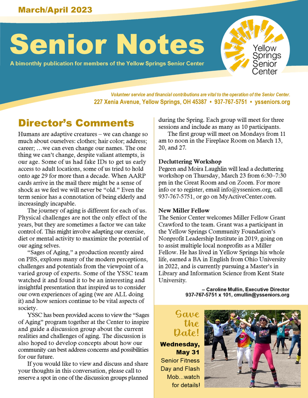 Link goes to a PDF file of the 2023 March/April Yellow Springs Senior Center newsletter. 
