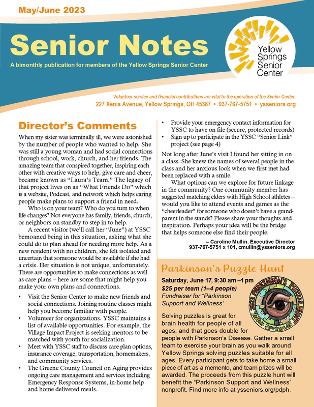 Link goes to a PDF file of the 2023 May/June Yellow Springs Senior Center newsletter. 
