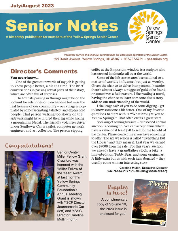 Link goes to a PDF file of the 2023 July/August Yellow Springs Senior Center newsletter. 