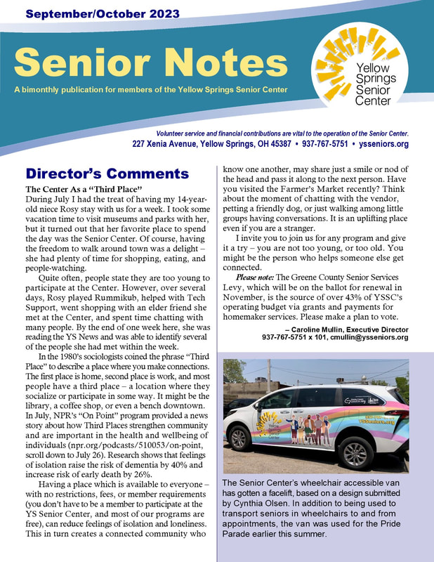 Link goes to a PDF file of the 2023 September/October Yellow Springs Senior Center newsletter. 