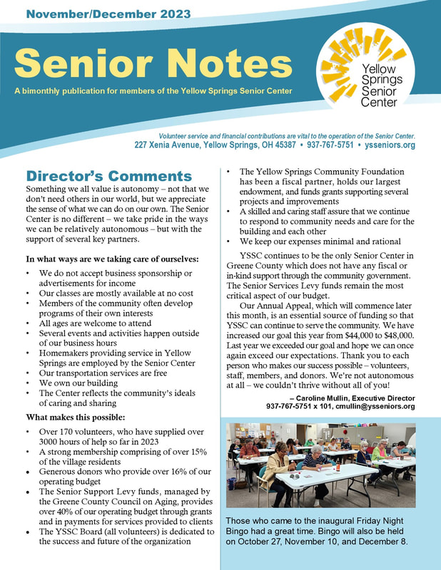 Link goes to a PDF file of the 2023 November/December  Yellow Springs Senior Center newsletter. 