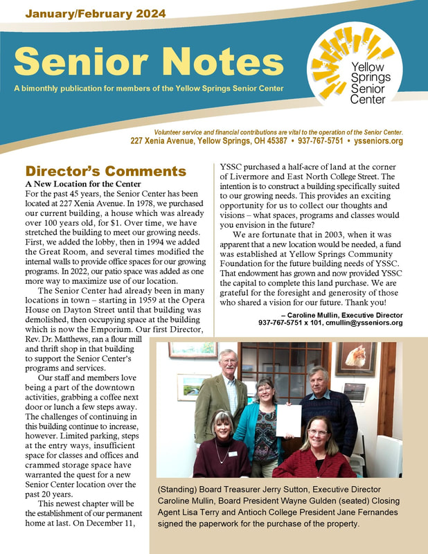 Link goes to a PDF file of the 2024 January/February Yellow Springs Senior Center newsletter. 