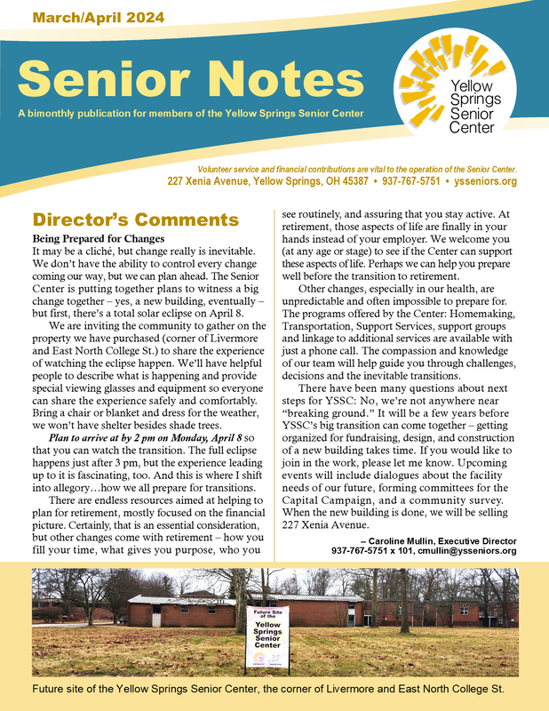 Link goes to a PDF file of the 2024 March/April Yellow Springs Senior Center newsletter. 