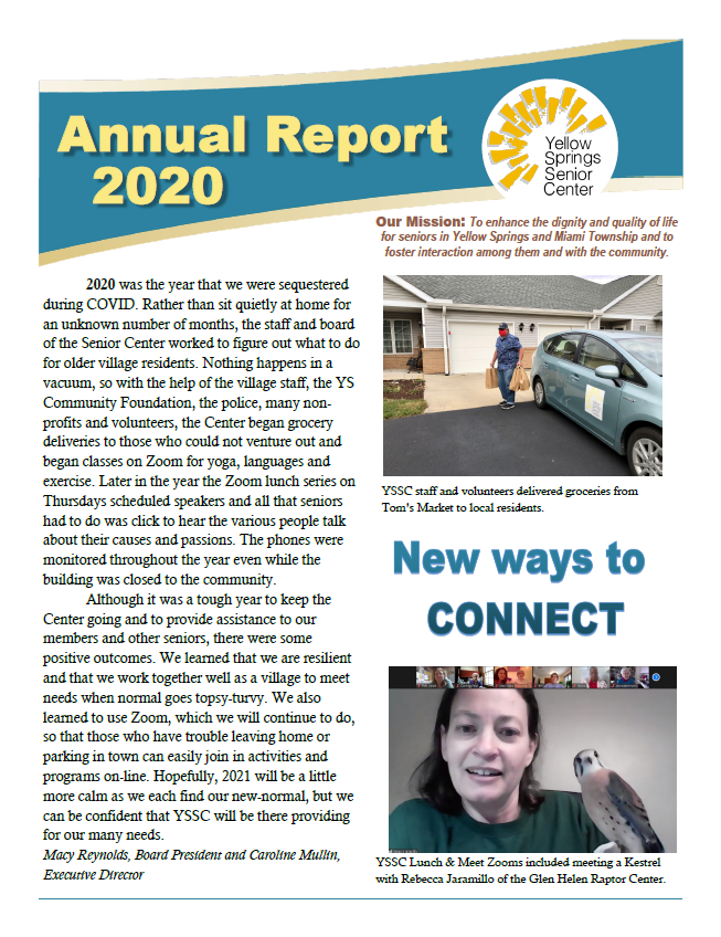 Link goes to a PDF file of the 2020 Yellow Springs Senior Center Annual Report. 