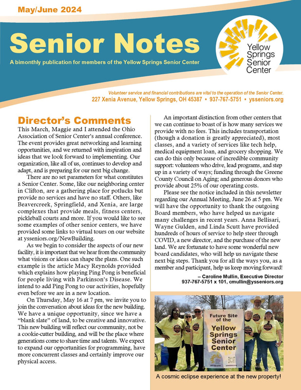 Link goes to a PDF file of the 2024 May/June Yellow Springs Senior Center newsletter. 