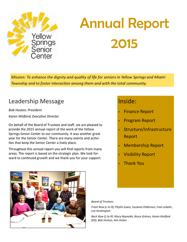 Link goes to a PDF file of the 2015 Yellow Springs Senior Center Annual Report. 