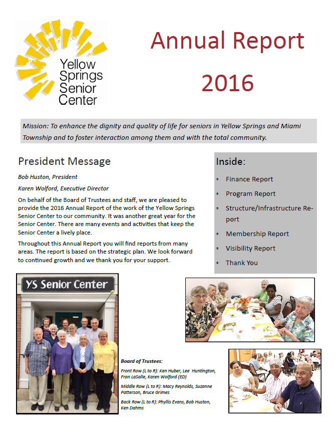 Link goes to a PDF file of the 2016 Yellow Springs Senior Center Annual Report. 