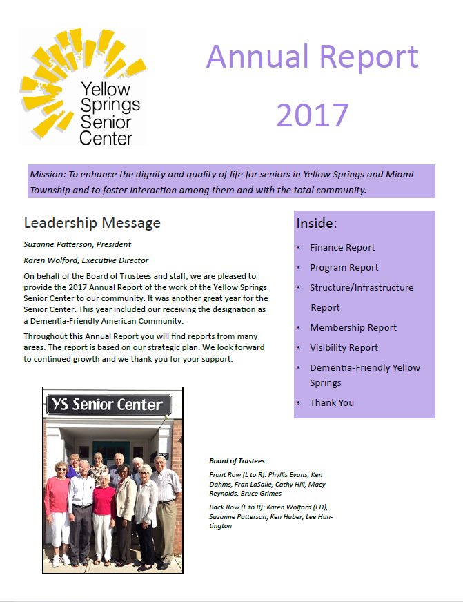 Link goes to a PDF file of the 2017 Yellow Springs Senior Center Annual Report. 