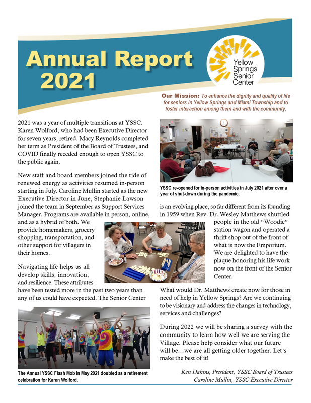 Link goes to a PDF file of the 2021 Yellow Springs Senior Center Annual Report. 