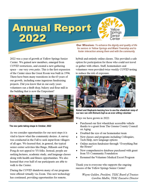 Link goes to a PDF file of the 2022 Yellow Springs Senior Center Annual Report. 