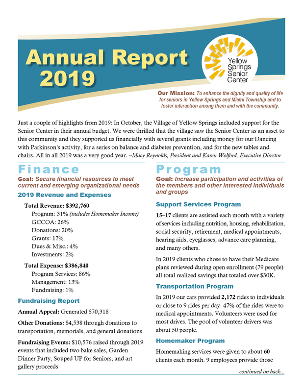 Link goes to a PDF file of the 2019 Yellow Springs Senior Center Annual Report. 