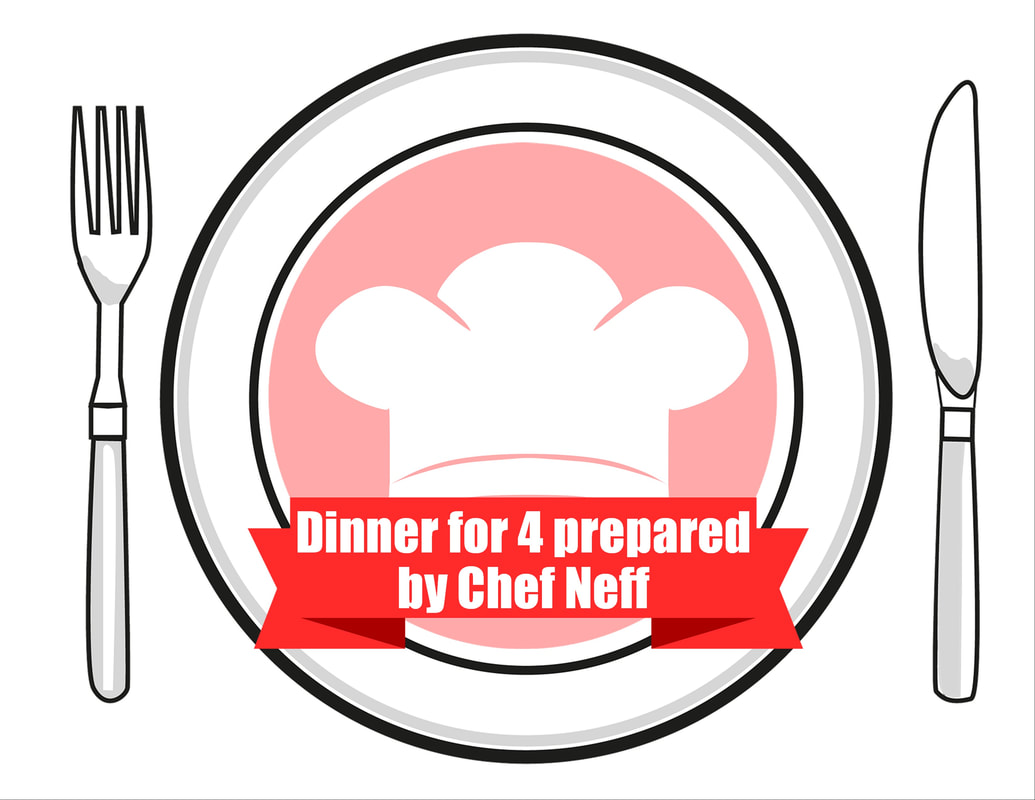 Dinner plate, knife, and fork and the text Dinner for 4 prepared by Chef Neff 