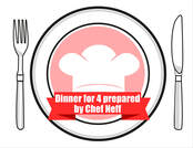 Plate, knife, and fork with the text Dinner for 4 prepared by Chef Neff